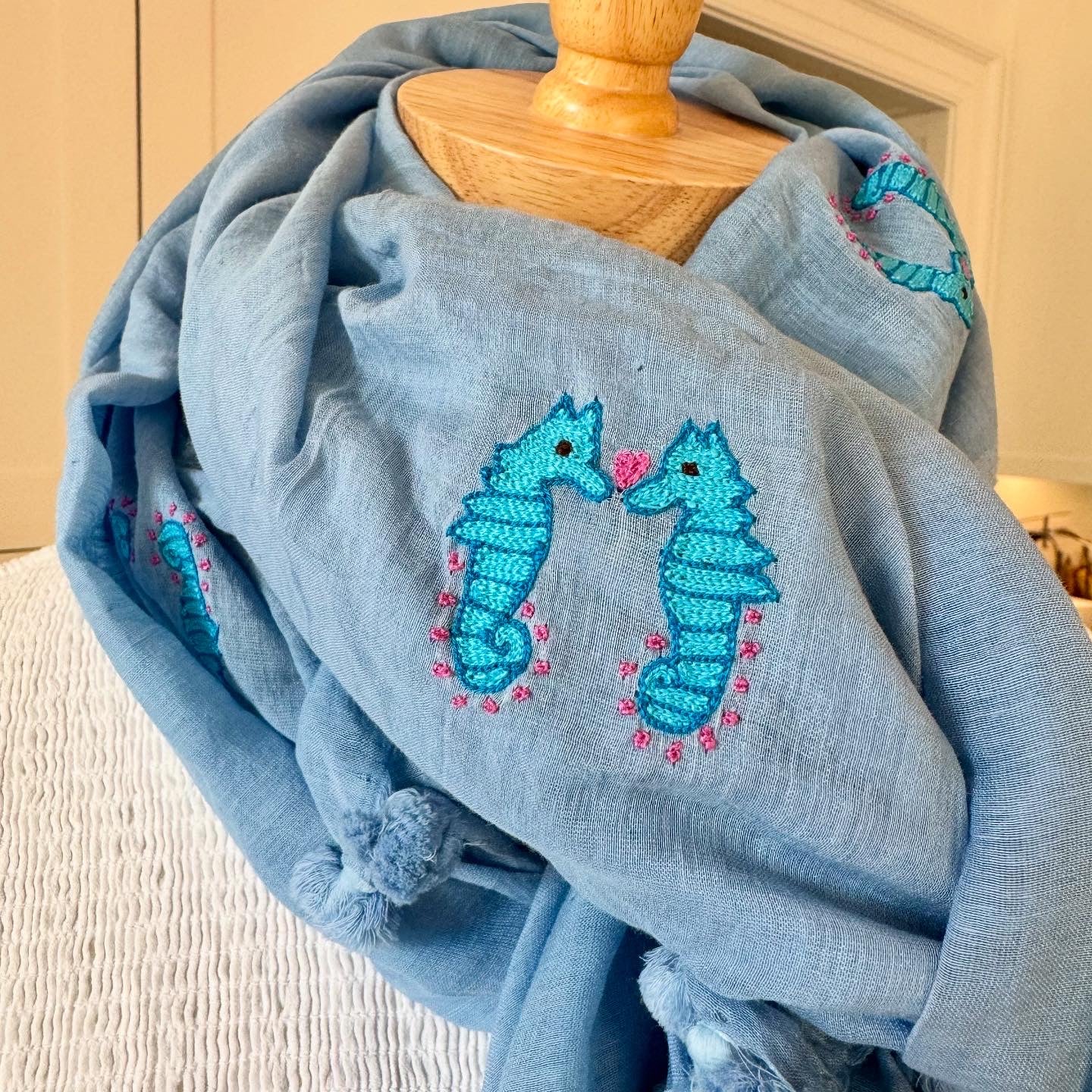 Hand Embroidered Seahorse Pom Pom Wrap