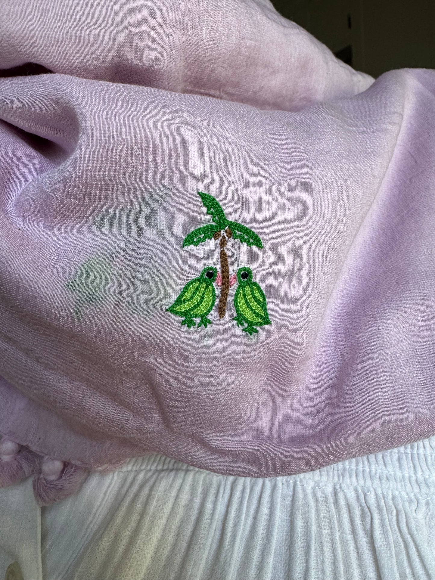 Hand Embroidered Gabbing Parrot Pom Pom Wrap