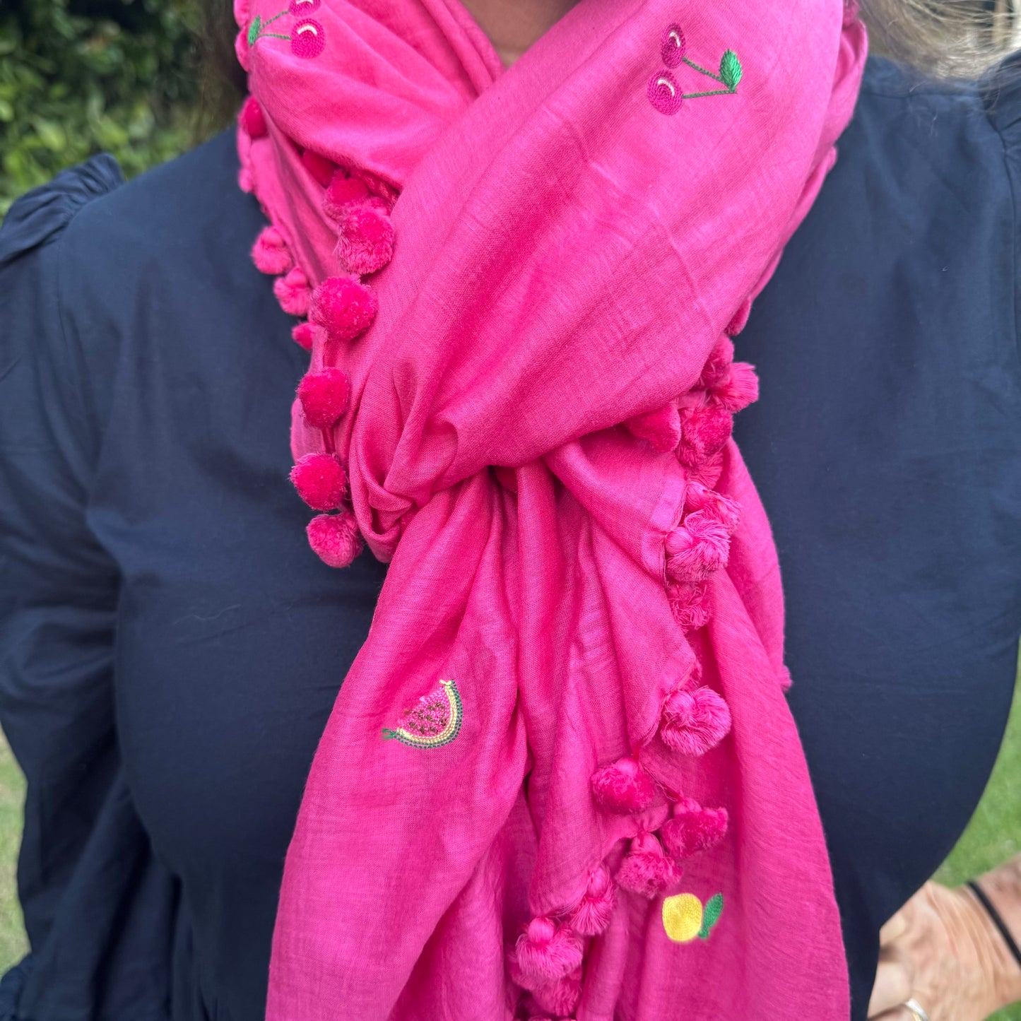 Hand Embroidered Mixed Fruit Pom Pom Wrap