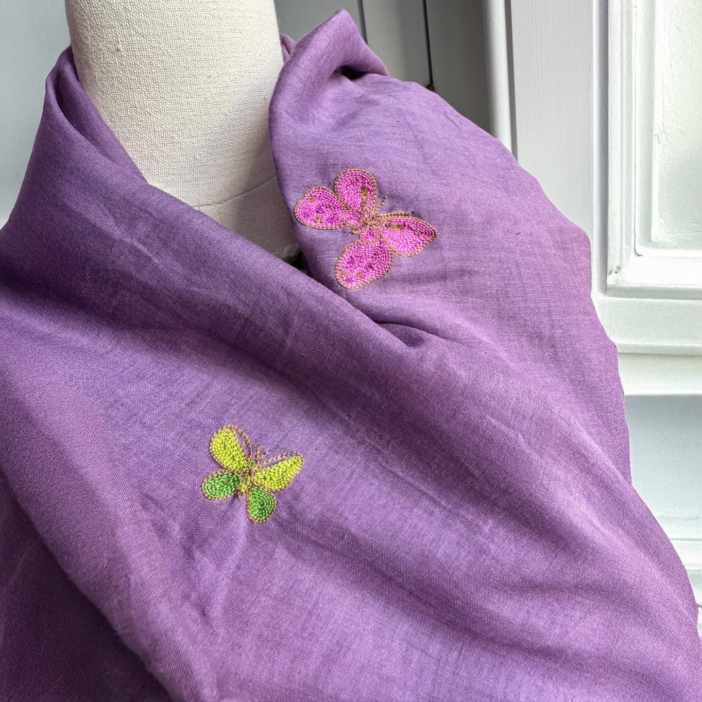 Hand Embroidered Butterfly Pom Pom Wrap