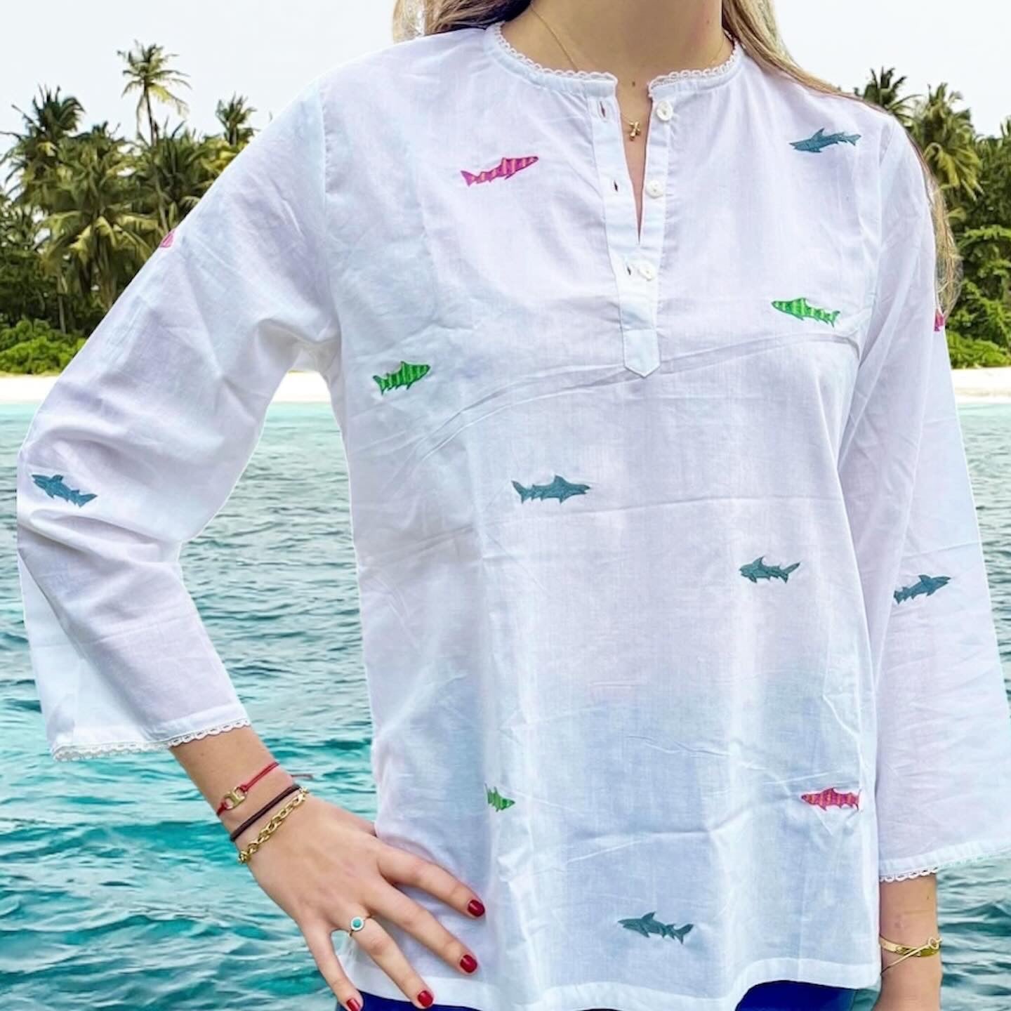 Multi Color Stripped Shark Embroidered Shirt