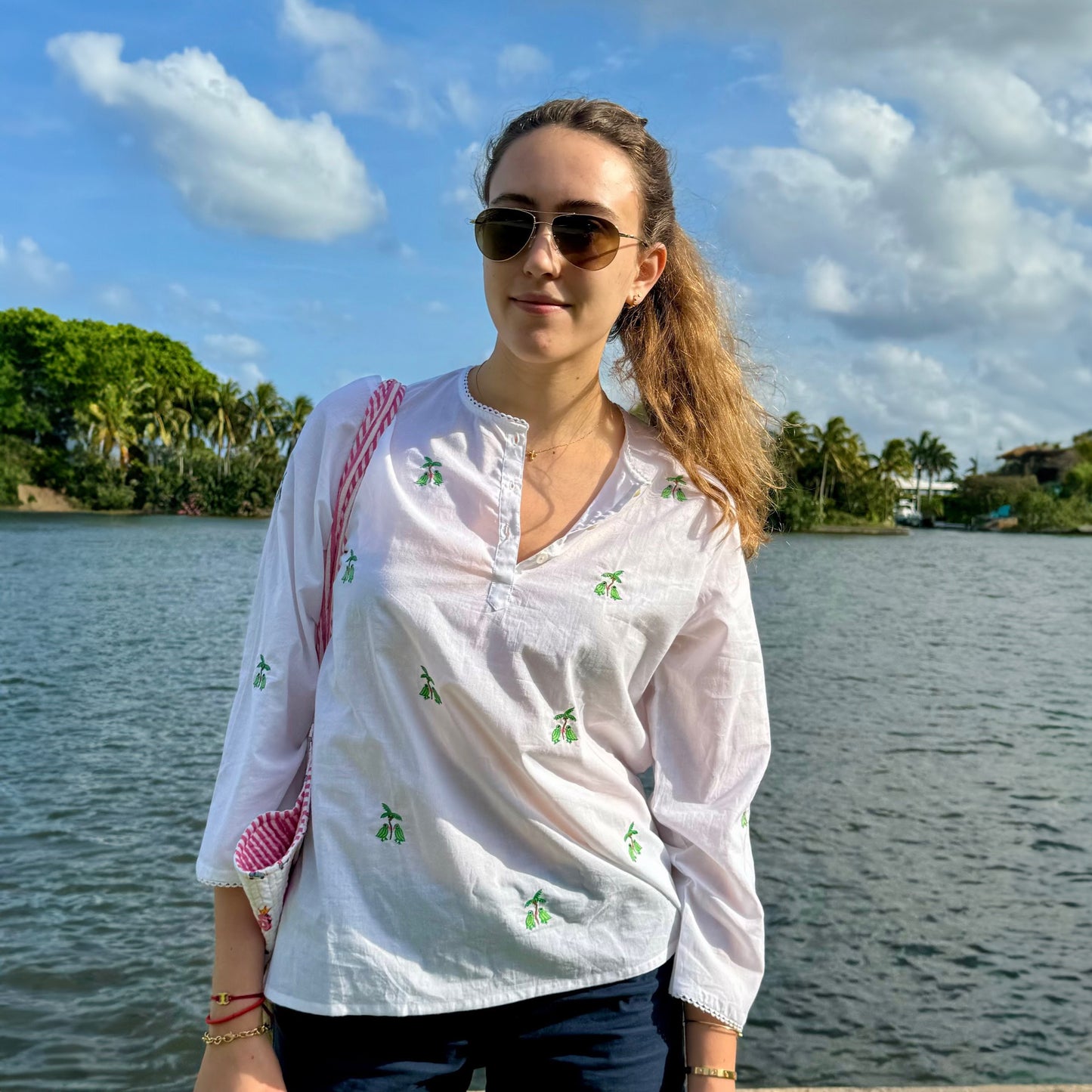 Parrots Chatting Under Swaying Palms Embroidered Popover Shirt