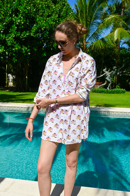 Pink Surfing Fish Oversized Button Down Shirt