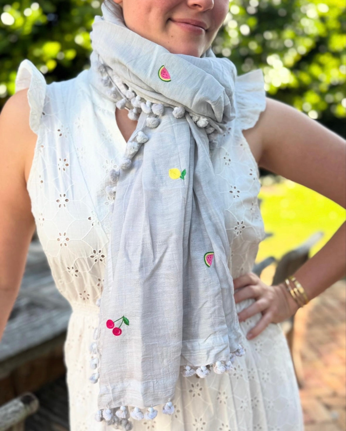 Hand Embroidered Mixed Fruit Pom Pom Wrap