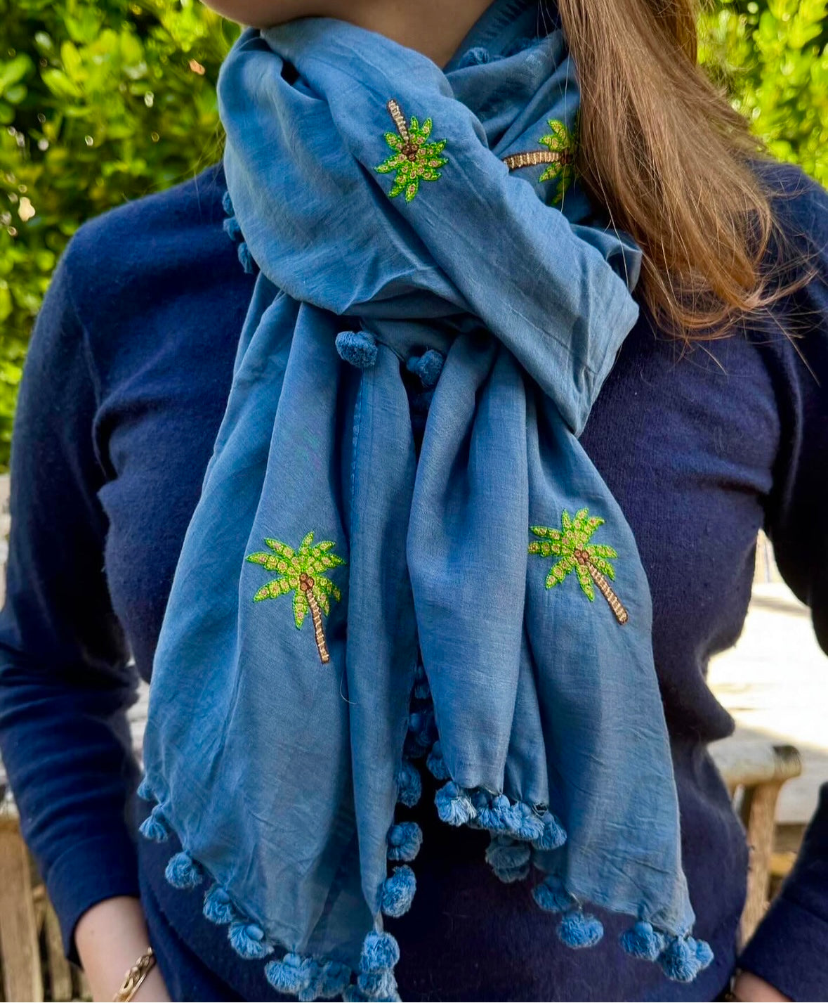 Hand Embroidered Palm Tree Pom Pom Wrap