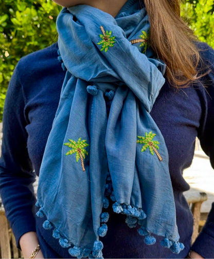 Hand Embroidered Palm Tree Pom Pom Wrap