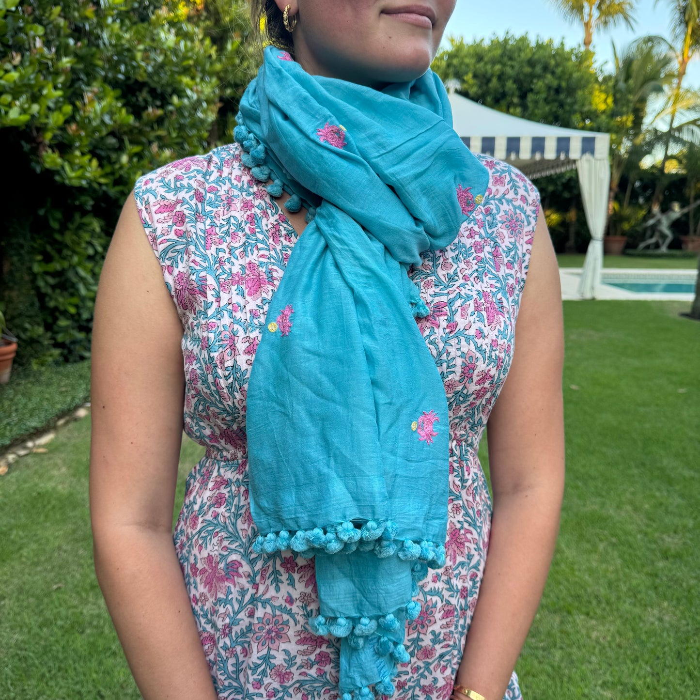 Hand Embroidered Juggling Crabs Pom Pom Wrap