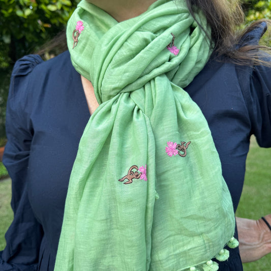 Hand Embroidered Flower Monkey Pom Pom Wrap