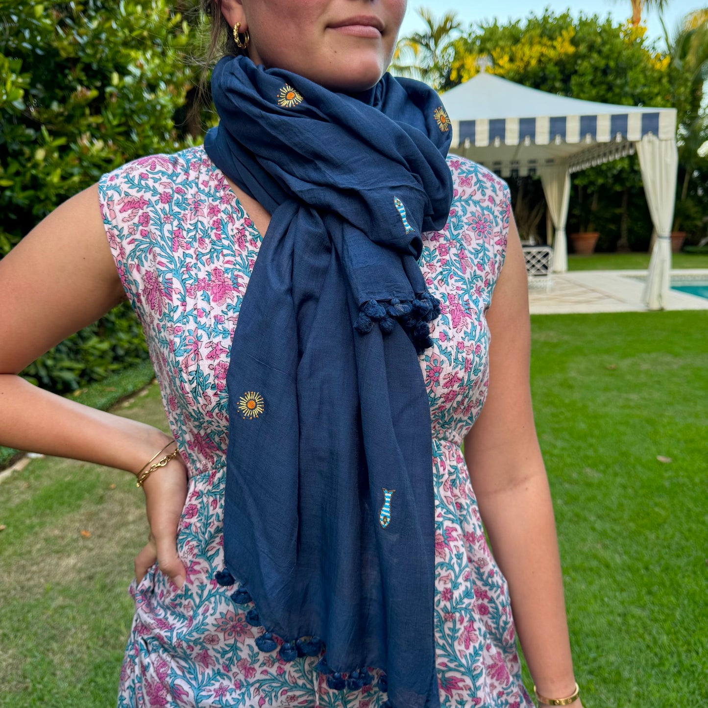 Hand Embroidered Follow the Sun Pom Pom Wrap