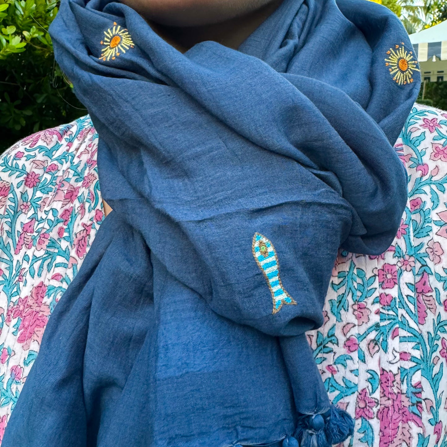 Hand Embroidered Follow the Sun Pom Pom Wrap