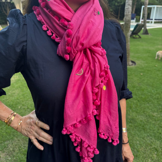 Hand Embroidered Mixed Fruit Pom Pom Wrap