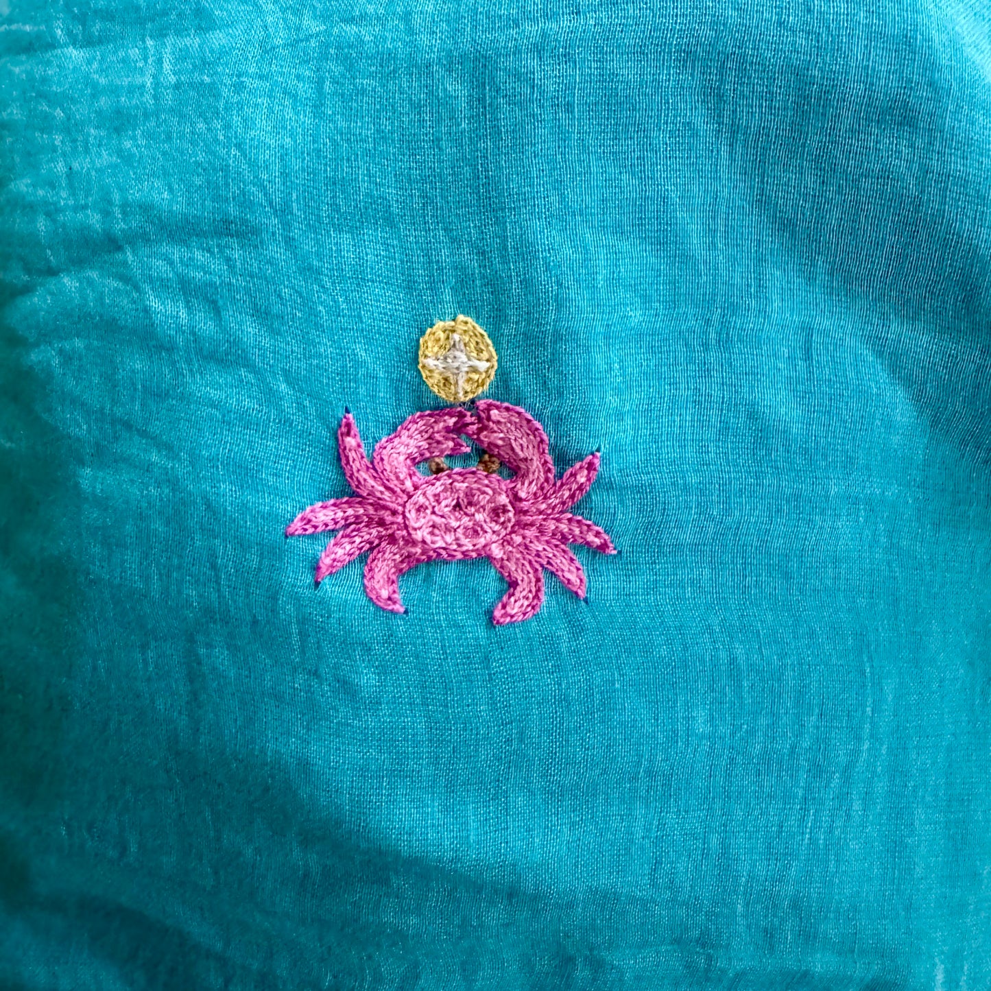 Hand Embroidered Juggling Crabs Pom Pom Wrap