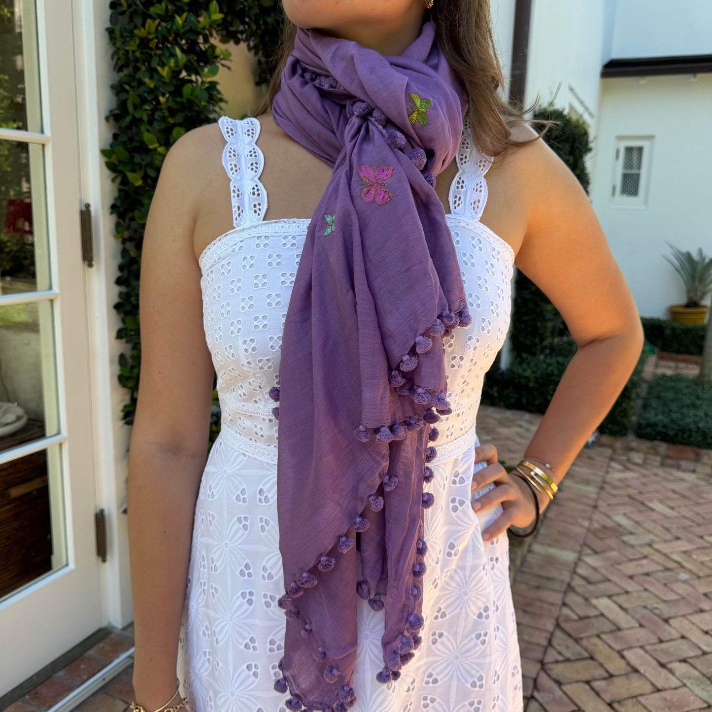 Hand Embroidered Butterfly Pom Pom Wrap