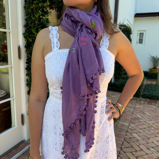 Hand Embroidered Butterfly Pom Pom Wrap