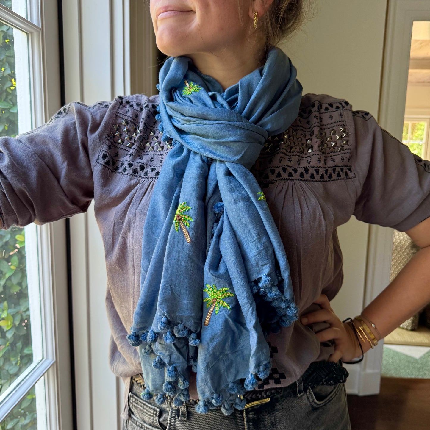 Hand Embroidered Palm Tree Pom Pom Wrap