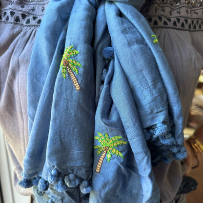 Hand Embroidered Palm Tree Pom Pom Wrap
