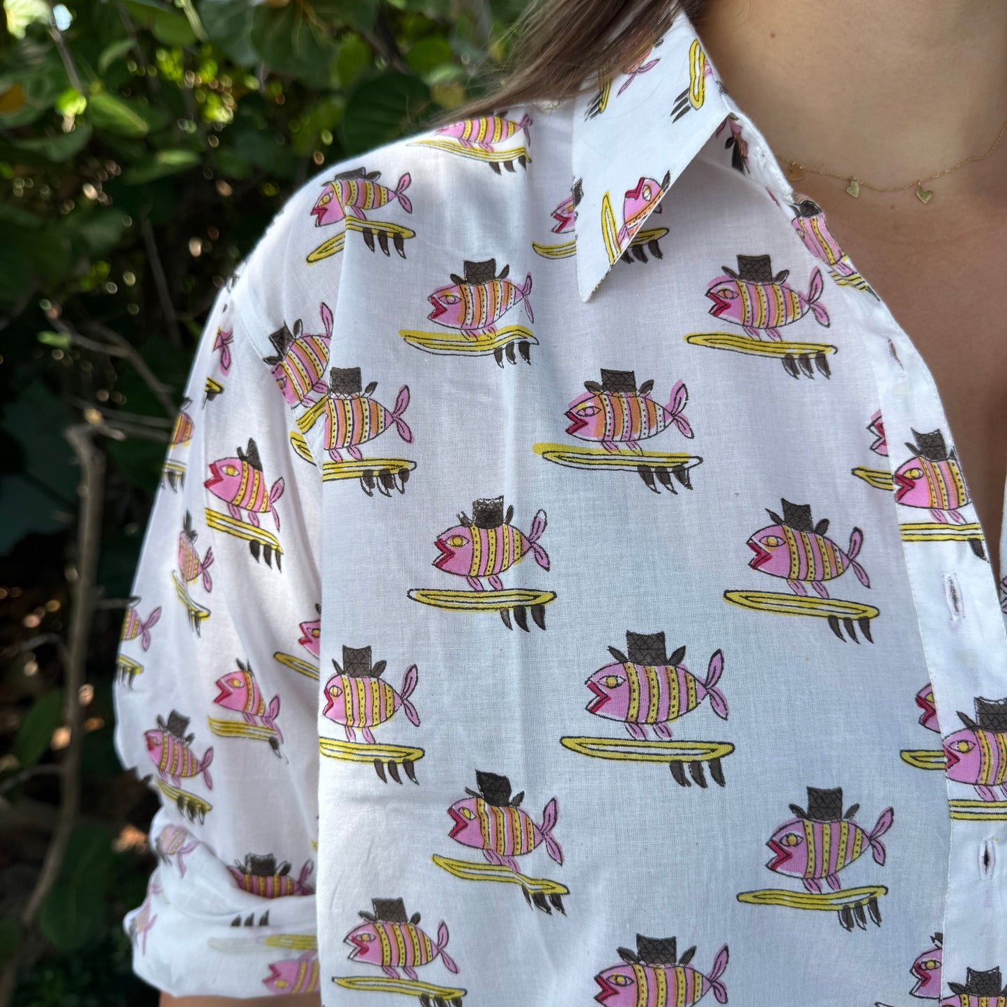 Pink Surfing Fish Oversized Button Down Shirt