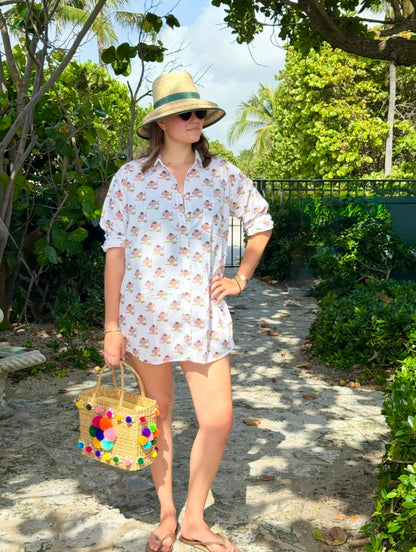 Pink Surfing Fish Oversized Button Down Shirt