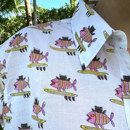 Pink Surfing Fish Oversized Button Down Shirt