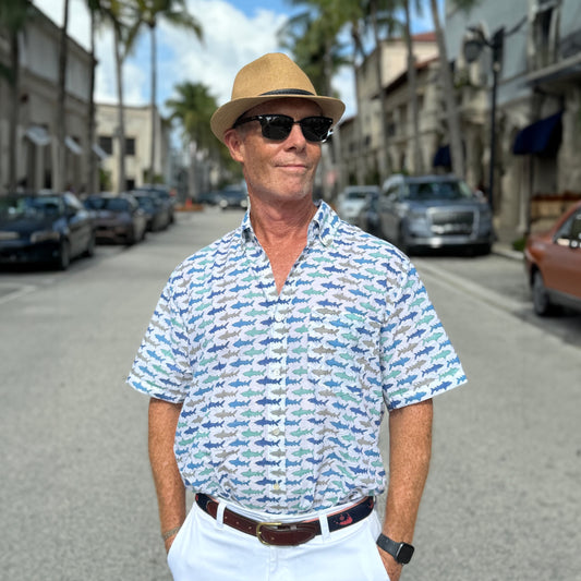 Multi Colored Blues of our Florida Ocean Shark Short Sleeve Men's Shirt