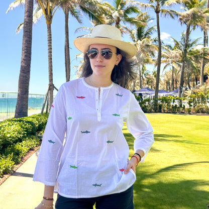 Multi Color Stripped Shark Embroidered Shirt