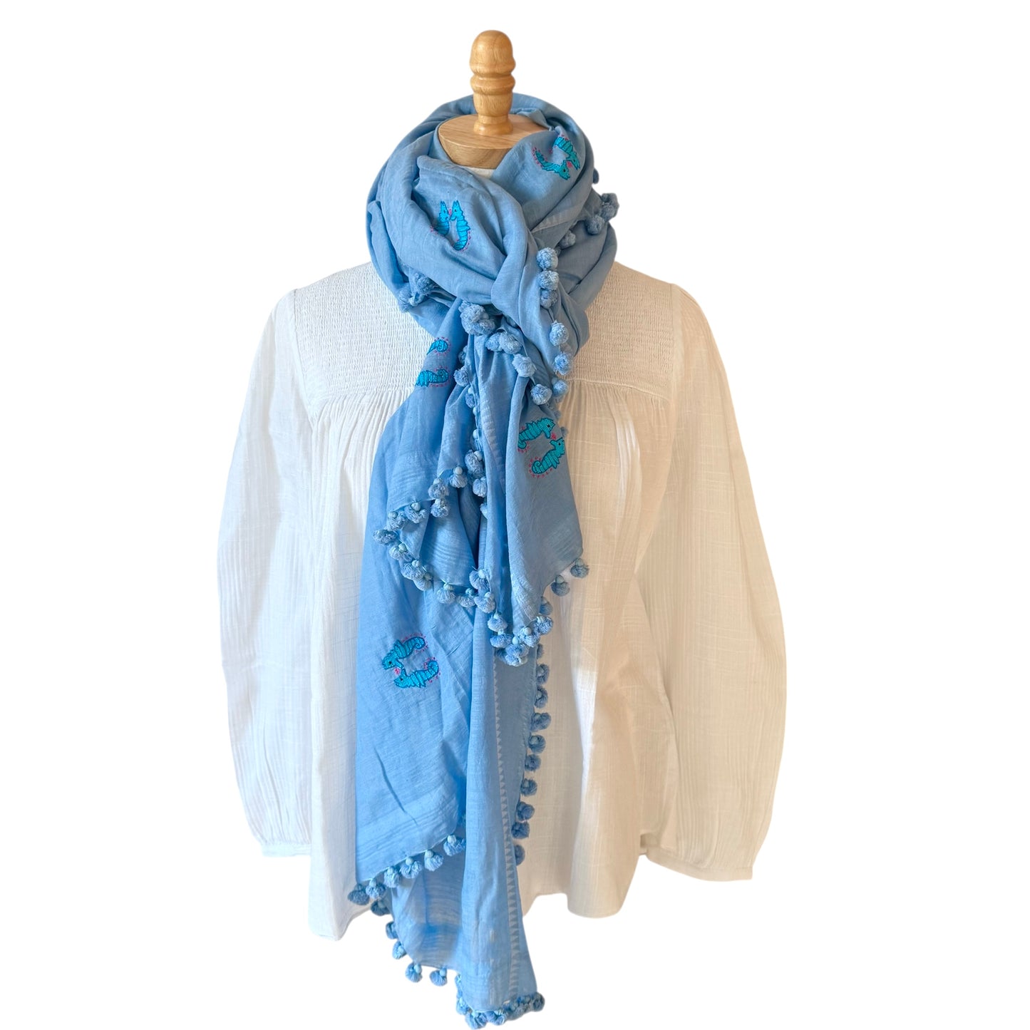 Hand Embroidered Seahorse Pom Pom Wrap