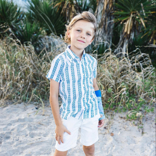 Fish Stripe Navy Short Sleeve Boy's Shirt