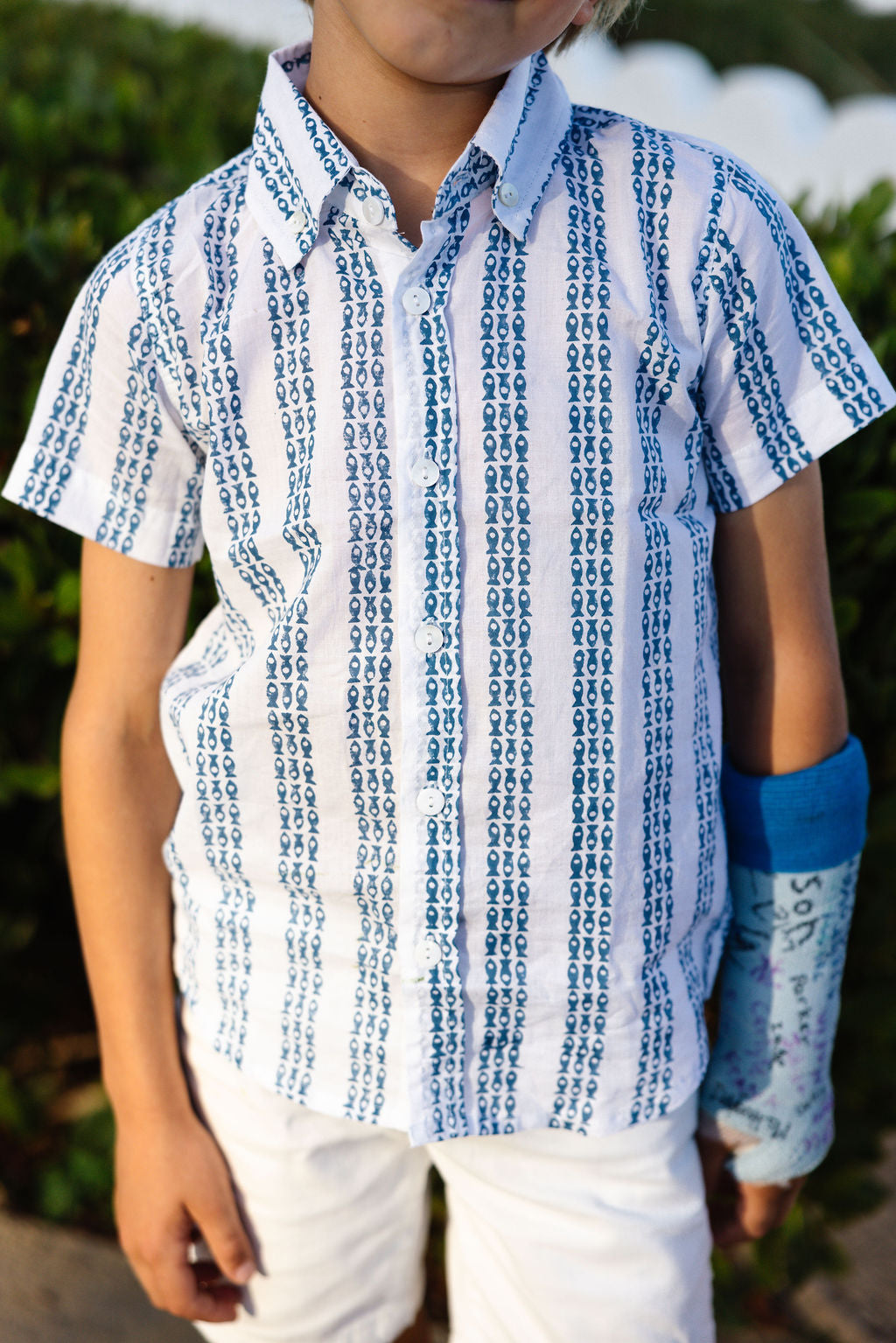 Fish Stripe Navy Short Sleeve Boy's Shirt